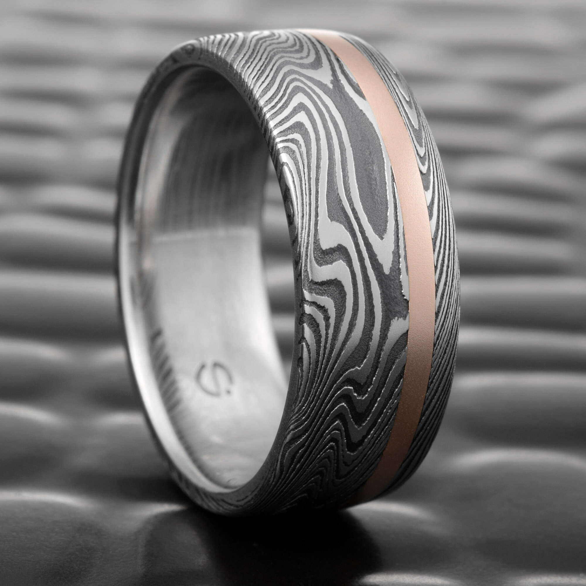 Flat Damascus Steel Ring with Offset 14K Rose Gold Inlay and Oxide Finish | Epic Wood